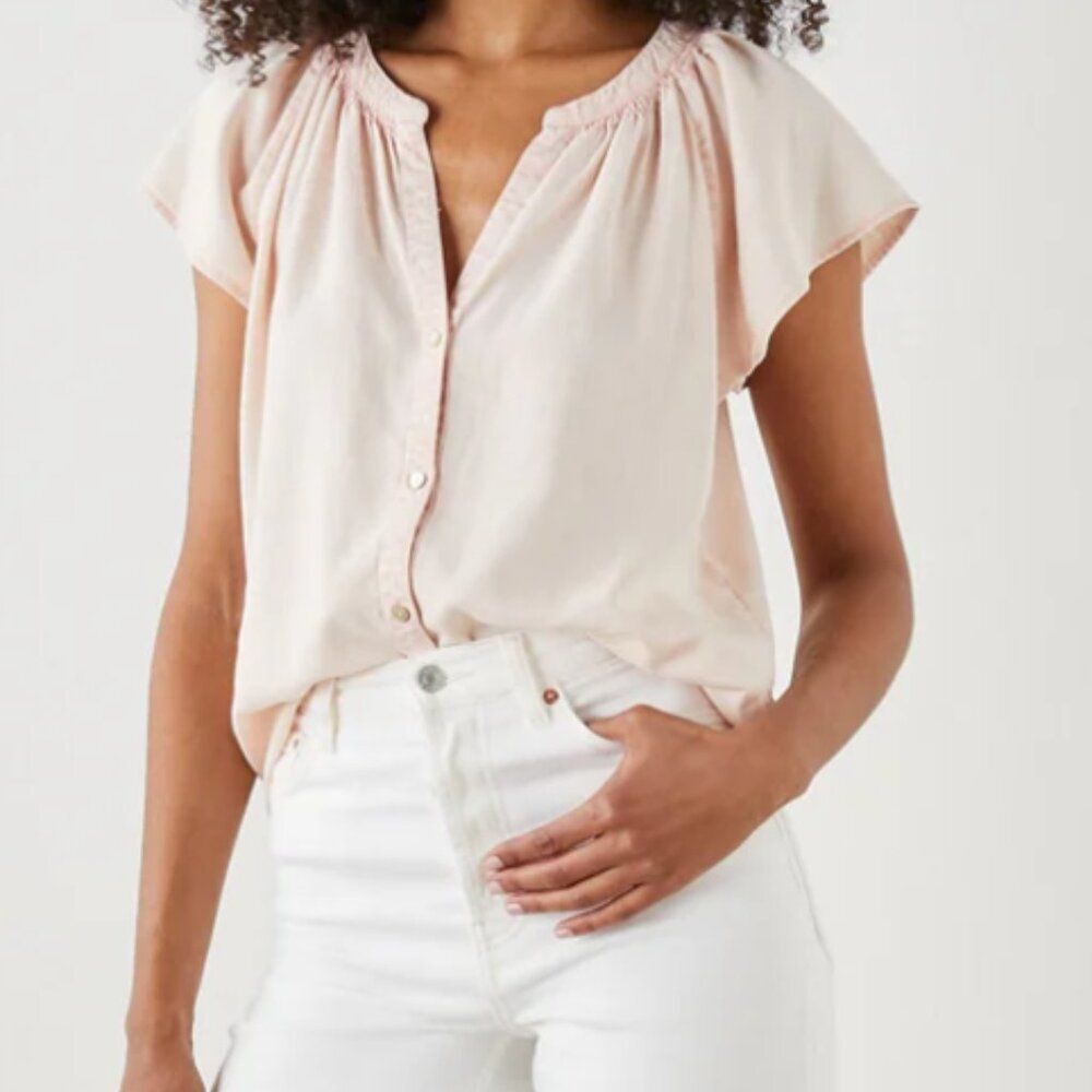 Rails Alena Petal Blush Tencel Linen Split Neck Flutter Sleeve Top Large